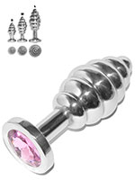 Grooved Rosebud Buttplug acero inoxidable con cristal rosa - M